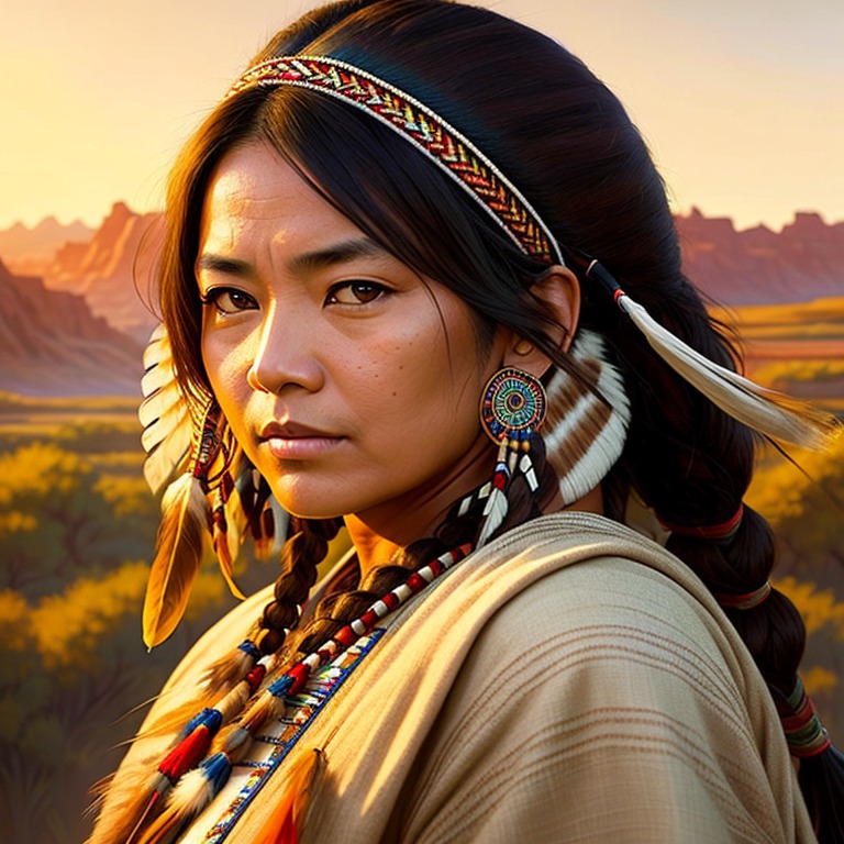 modelshoot style, (extremely detailed CG 8k wallpaper), ((full shot body photo of a native american woman)), professional majestic oil painting by Ed Blinkey, Atey Ghailan, Studio Ghibli, by Jeremy Mann, Greg Manchess, Antonio Moro, trending on ArtStation, trending on CGSociety, Intricate, High Detail, Sharp focus, dramatic, photorealistic painting art by midjourney and greg rutkowski