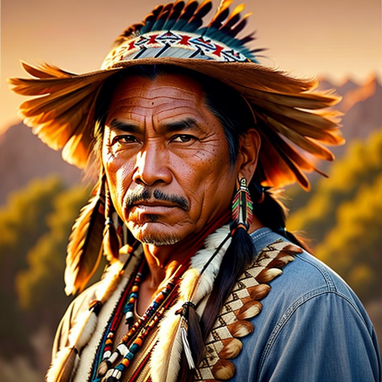 modelshoot style, (extremely detailed CG 8k wallpaper), ((full shot body photo of a native american man)), professional majestic oil painting by Ed Blinkey, Atey Ghailan, Studio Ghibli, by Jeremy Mann, Greg Manchess, Antonio Moro, trending on ArtStation, trending on CGSociety, Intricate, High Detail, Sharp focus, dramatic, photorealistic painting art by midjourney and greg rutkowski