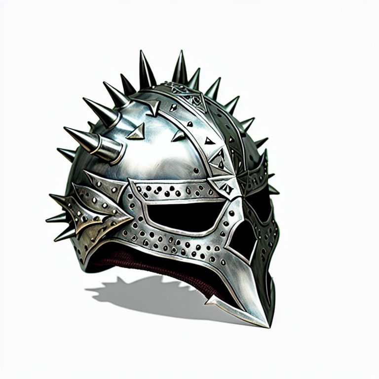 knight ((helmet)), silver, iron, dnd style, rpg item, fantasy, medieval, highly detailed, leather, spiky, spikes, centered, (front view)