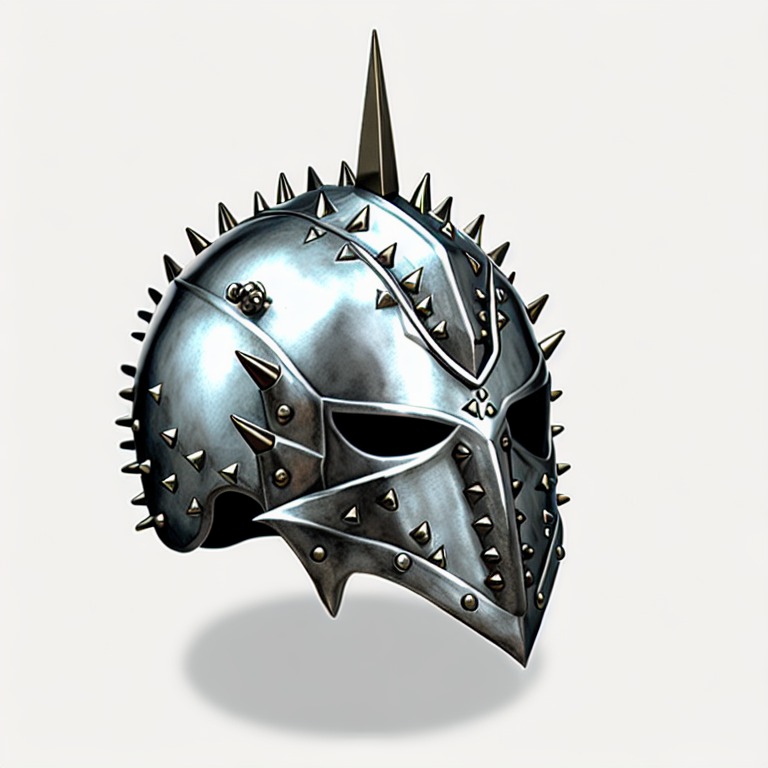 knight ((helmet)), silver, iron, dnd style, rpg item, fantasy, medieval, highly detailed, leather, spiky, spikes, centered, (front view)