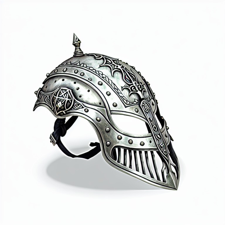 knight ((helmet)), silver, iron, dnd style, rpg item, fantasy, medieval, highly detailed, leather, creepy, bones, centered, (front view)