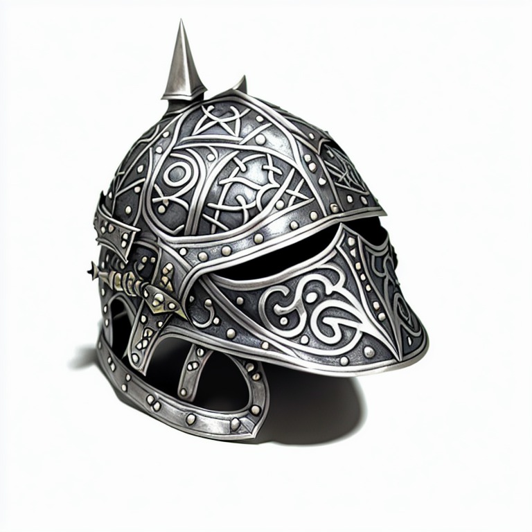 knight ((helmet)), silver, iron, dnd style, rpg item, fantasy, medieval, highly detailed, leather, creepy, bones, centered, front view