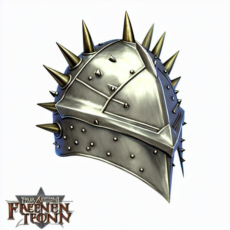 knight ((helmet)), silver, iron, dnd style, rpg item, fantasy, medieval, highly detailed, leather, spiky, spikes, sharp, angry, centered, (front view)