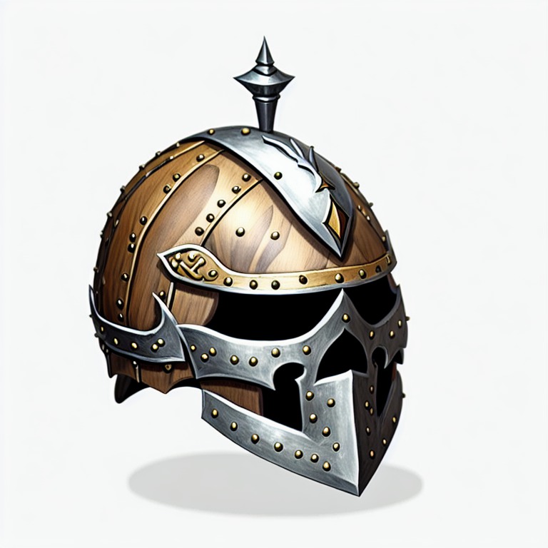 leather ((helmet)), wooden, nails, dnd style, rpg item, fantasy, medieval, highly detailed, centered, (front view)