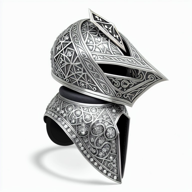 steel ((helmet)), silver, diamond, guard, decorations, ornaments, dnd style, rpg item, fantasy, medieval, highly detailed, centered, (front view)